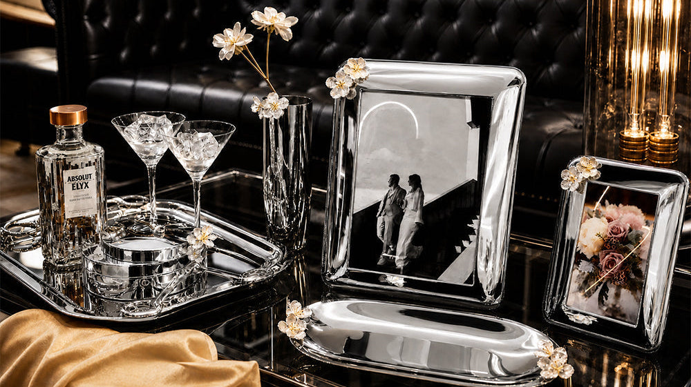 Winko metal giftware manufacturing — coordinated retail gift set combining stamped and die-cast components — trinket box photo frame and serving tray for UK lifestyle retailer premium home range