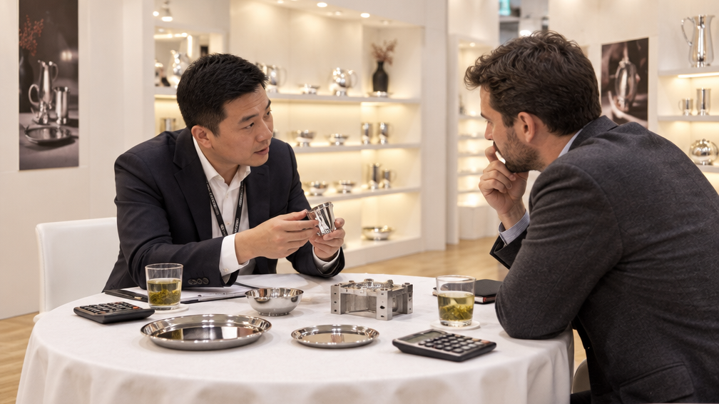 WINKO Canton Fair metal factory sourcing — buyer and supplier conversation on the show floor