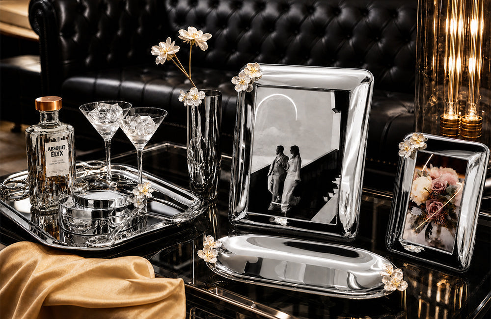 Winko metal giftware manufacturing — coordinated retail gift set combining stamped and die-cast components — trinket box photo frame and serving tray for UK lifestyle retailer premium home range